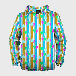 Ветровка с капюшоном мужская Полосатый с сердечками ретро в горошек, цвет: 3D-белый