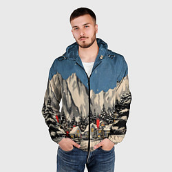 Ветровка с капюшоном мужская Небольшой новогодний город в горах, цвет: 3D-черный — фото 2