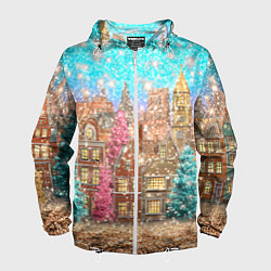 Ветровка с капюшоном мужская Новогодний город в блестках, цвет: 3D-белый