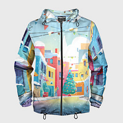 Ветровка с капюшоном мужская Разноцветный новогодний дворик, цвет: 3D-черный