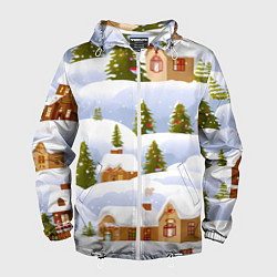 Ветровка с капюшоном мужская Новогодние домики и елочки, цвет: 3D-белый