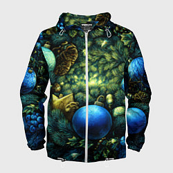 Ветровка с капюшоном мужская Новогодние шарики на елке, цвет: 3D-белый