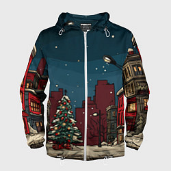 Ветровка с капюшоном мужская Новогодняя ночь, цвет: 3D-белый