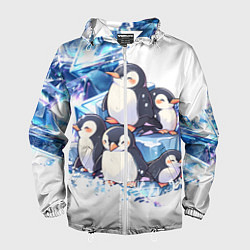 Ветровка с капюшоном мужская Пингвины и лёд, цвет: 3D-белый