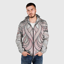 Ветровка с капюшоном мужская Нежно розовый орнамент из перьев, цвет: 3D-черный — фото 2