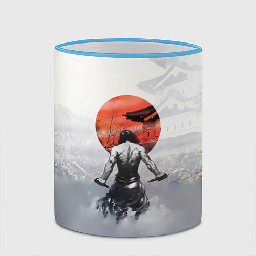 Кружка цветная Японский самурай / 3D-Небесно-голубой кант – фото 2