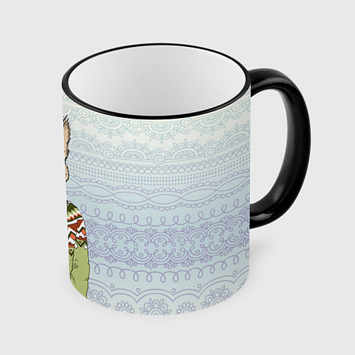 Кружка цветная Кролик хипстер / 3D-Черный кант – фото 1