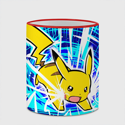 Кружка цветная Пикачу бежит с молниями / 3D-Красный кант – фото 2