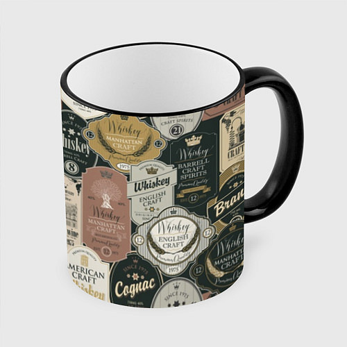Кружка цветная Этикетки мира Виски / 3D-Черный кант – фото 1