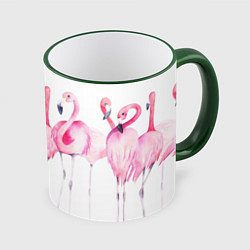 Кружка 3D Фламинго розовый на белом, цвет: 3D-зеленый кант