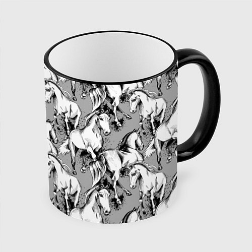Кружка цветная Белые лошади - паттерн / 3D-Черный кант – фото 1