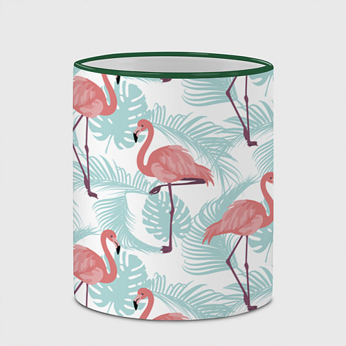 Кружка цветная Узор фламинго и тропических растений / 3D-Зеленый кант – фото 2