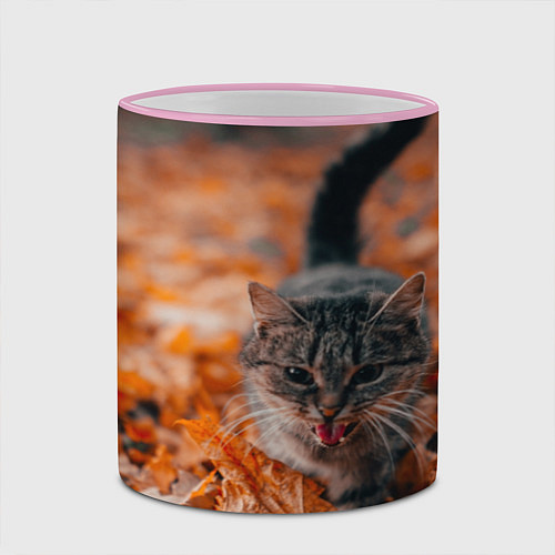Кружка цветная Мяукающий кот осенние листья / 3D-Розовый кант – фото 2