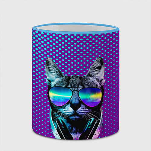 Кружка цветная Кот очки наушники модный / 3D-Небесно-голубой кант – фото 2