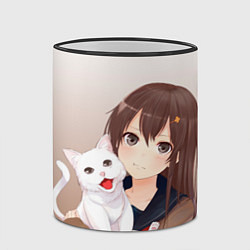 Кружка 3D Девочка и белый кот аниме, цвет: 3D-черный кант — фото 2