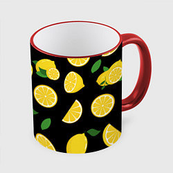 Кружка 3D Лимоны на чёрном, цвет: 3D-красный кант