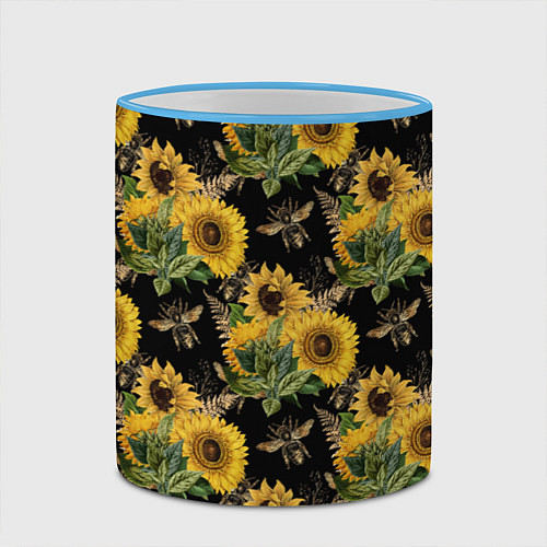 Кружка цветная Fashion Sunflowers and bees / 3D-Небесно-голубой кант – фото 2