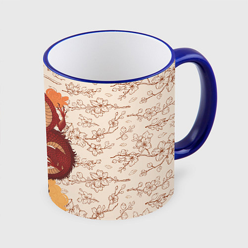 Кружка цветная Китайский Дракон и Сакура / 3D-Синий кант – фото 1