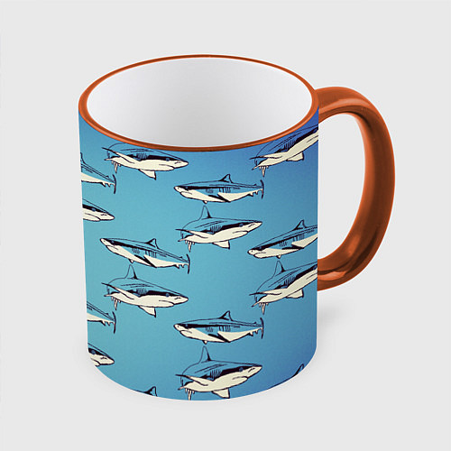 Кружка цветная Акулы Паттерн / 3D-Оранжевый кант – фото 1