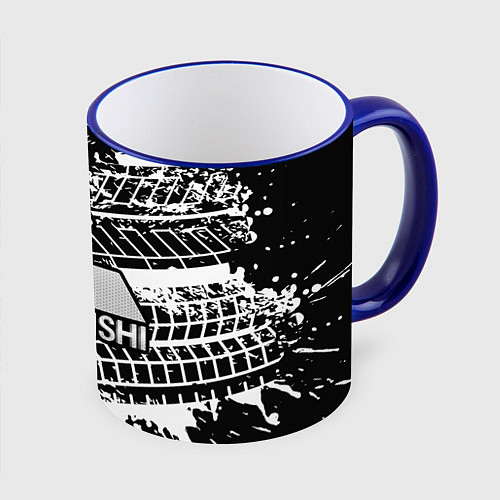Кружка цветная MITSUBISHI СЛЕДЫ ШИН / 3D-Синий кант – фото 1