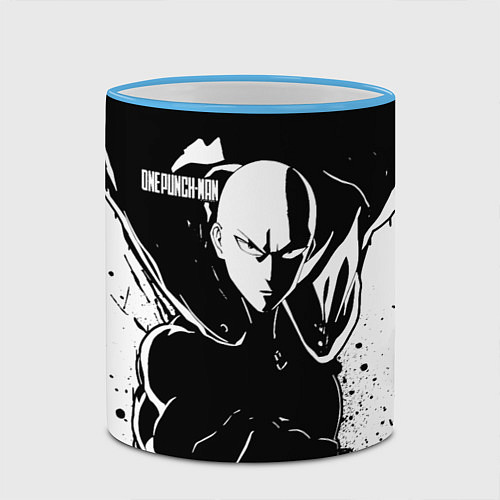 Кружка цветная Черно-белый Сайтама One Punch-Man / 3D-Небесно-голубой кант – фото 2