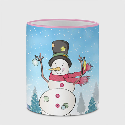 Кружка цветная Снеговик в снежном дворике / 3D-Розовый кант – фото 2