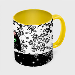 Кружка 3D Новогодний кот в колпаке Санты, цвет: 3D-белый + желтый
