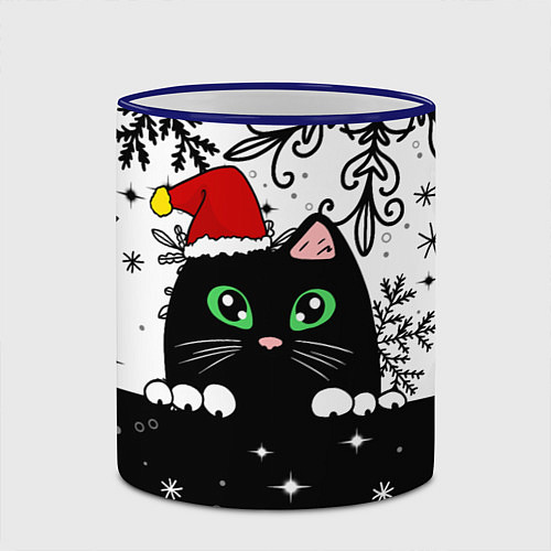 Кружка цветная Новогодний кот в колпаке Санты / 3D-Синий кант – фото 2