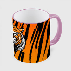 Кружка 3D Разгневанный тигр голова, цвет: 3D-розовый кант