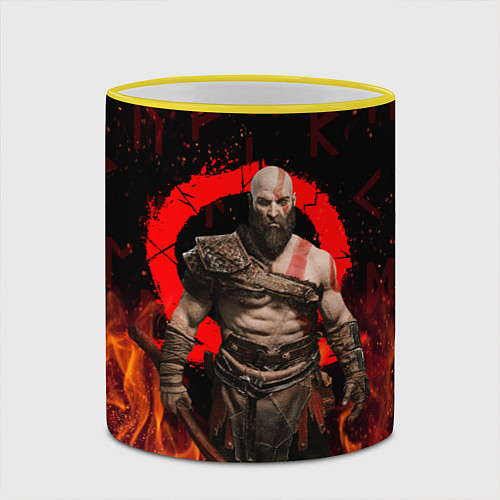 Кружка цветная GOD OF WAR РАГНАРЁК, КРАТОС В ОГНЕ / 3D-Желтый кант – фото 2
