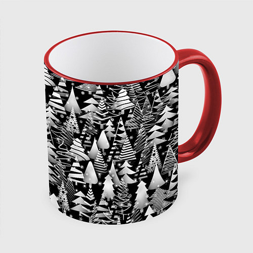 Кружка цветная Лес абстрактных ёлок / 3D-Красный кант – фото 1