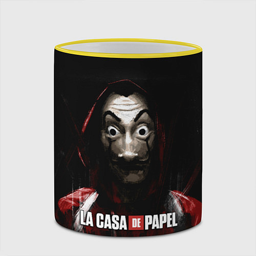 Кружка цветная РИСУНОК БУМАЖНЫЙ ДОМ - LA CASA DE PAPEL BELLA CIAO / 3D-Желтый кант – фото 2