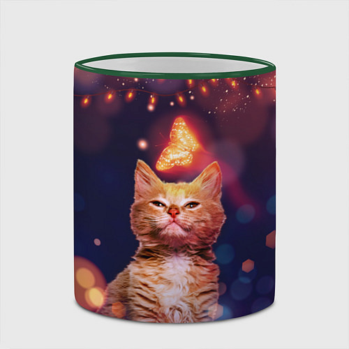 Кружка цветная РЫЖИЙ КОТ И БАБОЧКА / 3D-Зеленый кант – фото 2
