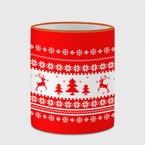 Кружка цветная КРАСНО-БЕЛЫЙ СВИТЕР С ОЛЕНЯМИ / 3D-Оранжевый кант – фото 2