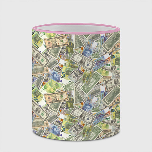 Кружка цветная Разная Денежная Валюта Доллары, Евро, Франки / 3D-Розовый кант – фото 2