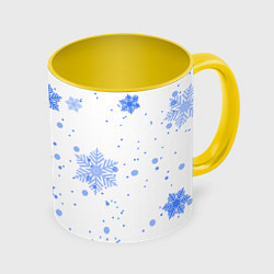 Кружка 3D Голубые снежинки падают, цвет: 3D-белый + желтый
