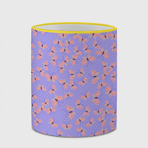 Кружка цветная Бабочки паттерн лиловый / 3D-Желтый кант – фото 2