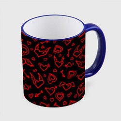 Кружка 3D Черно-Красные сердца с крылышками, цвет: 3D-синий кант
