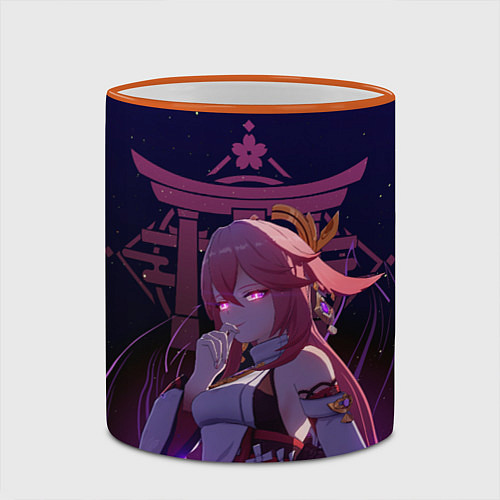 Кружка цветная Genshin Impact - Гудзи Яэ Мико / 3D-Оранжевый кант – фото 2