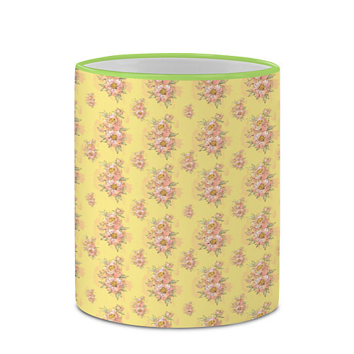 Кружка цветная Розовые пионы на желтом фоне / 3D-Светло-зеленый кант – фото 2