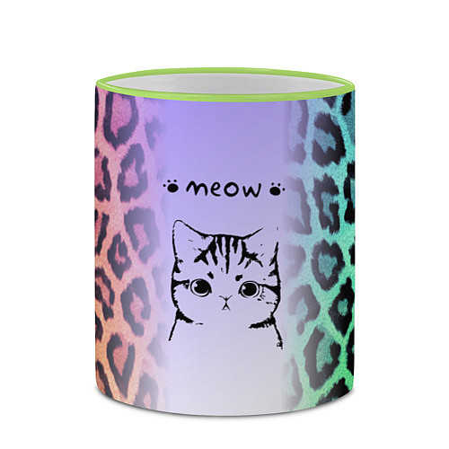 Кружка цветная Котик MEOW на радужном леопарде принт / 3D-Светло-зеленый кант – фото 2