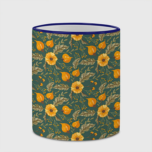 Кружка цветная Желтые цветочки и листья / 3D-Синий кант – фото 2