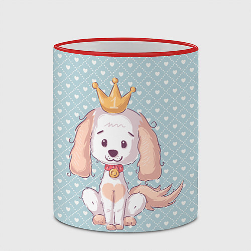 Кружка цветная Милая собачка с короной на фоне сердечек / 3D-Красный кант – фото 2