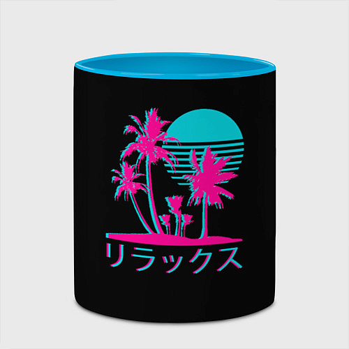 Кружка цветная Неоновые пальмы Иероглифы Neon Palm Tree / 3D-Белый + небесно-голубой – фото 2