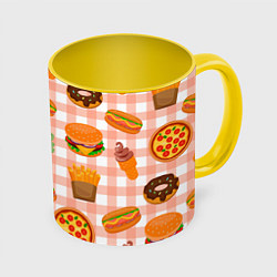 Кружка 3D PIZZA DONUT BURGER FRIES ICE CREAM pattern, цвет: 3D-белый + желтый