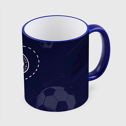 Кружка цветная Лого Leicester City в сердечке на фоне мячей / 3D-Синий кант – фото 1