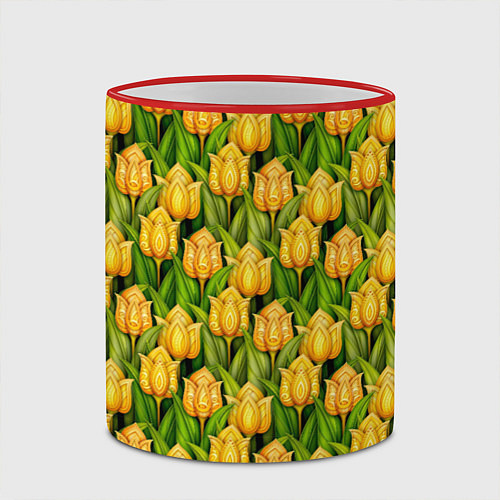 Кружка цветная Желтые тюльпаны паттерн / 3D-Красный кант – фото 2
