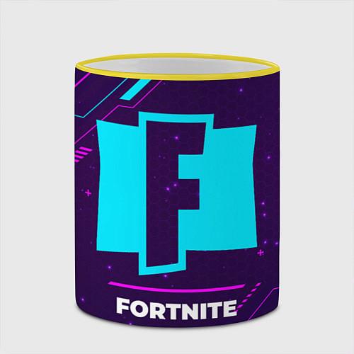 Кружка цветная Символ Fortnite в неоновых цветах на темном фоне / 3D-Желтый кант – фото 2