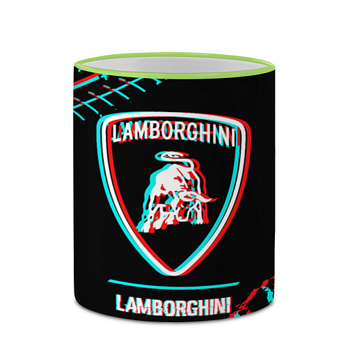 Кружка цветная Значок Lamborghini в стиле Glitch на темном фоне / 3D-Светло-зеленый кант – фото 2