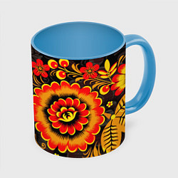 Кружка 3D Хохломская Роспись Цветы На Тёмном Фоне, цвет: 3D-белый + небесно-голубой